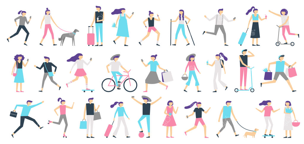 راه رفتن مردم. زن و مردی با سگ در شهر قدم می‌زنند، دختری به گوشی هوشمند نگاه می‌کند و پسری با اسکیت‌برد ایستاده است.