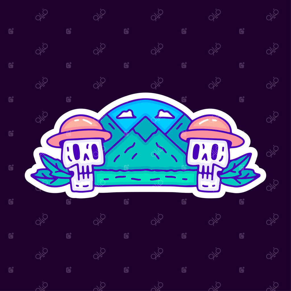 جمجمه‌های ماجراجو با منظره طبیعی کارتونی - طراحی برای تیشرت و برچسب.