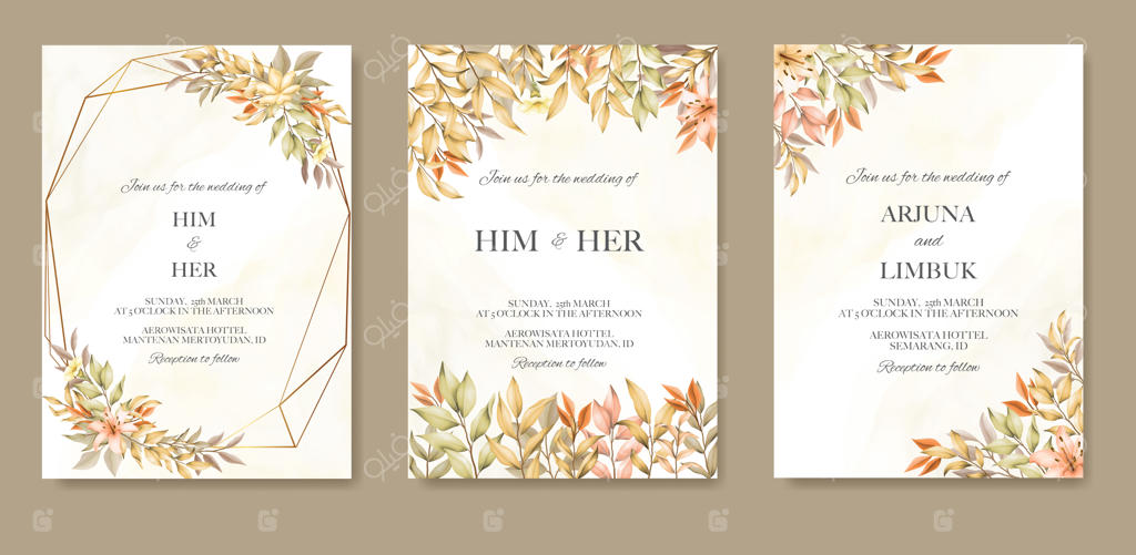 قالب کارت دعوت عروسی با برگ‌های پاییزی