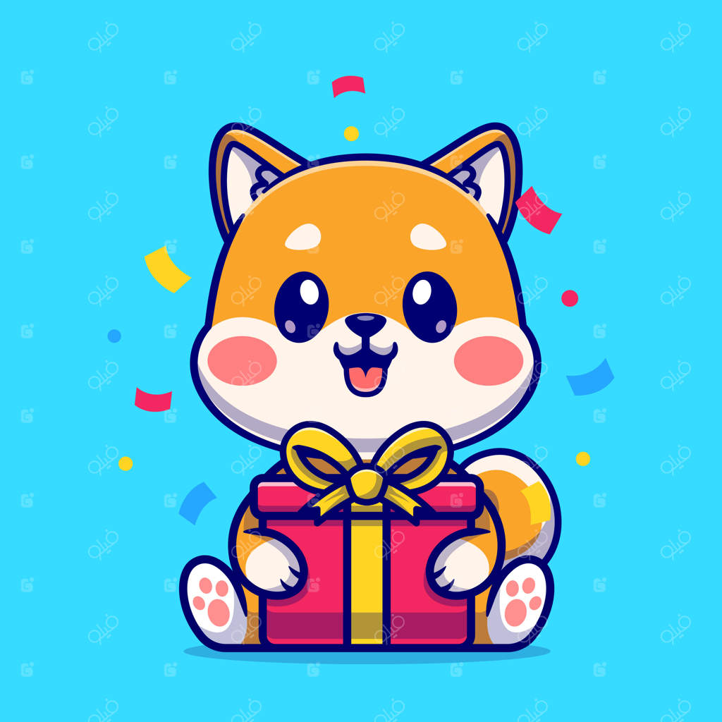 تصویر وکتور آیکون کارتونی شیبا اینو بامزه با جعبه هدیه. مفهوم آیکون حیوانات و طبیعت به صورت وکتور پریمیوم جدا شده. سبک کارتونی ساده.