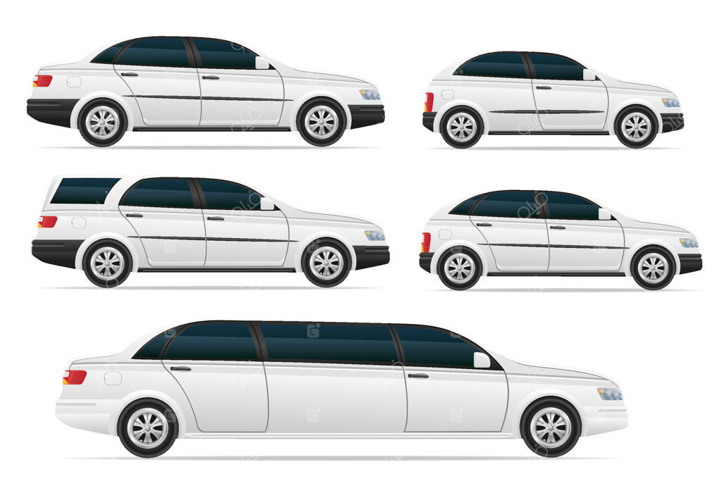 تصویر کارتونی ماشین‌های سواری با انواع بدنه‌ها، جدا شده بر روی پس‌زمینه‌ی سفید