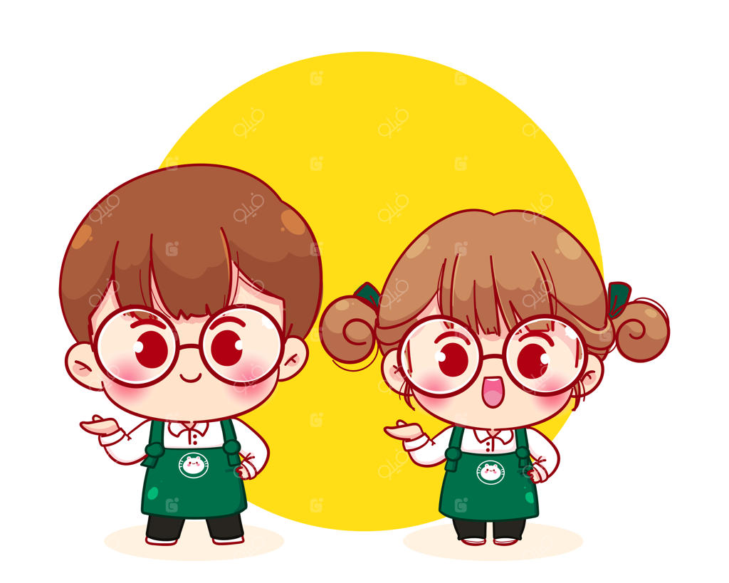 تصویر کارتونی زوج باریستای بامزه با پیش‌بند و هدیه دعوت