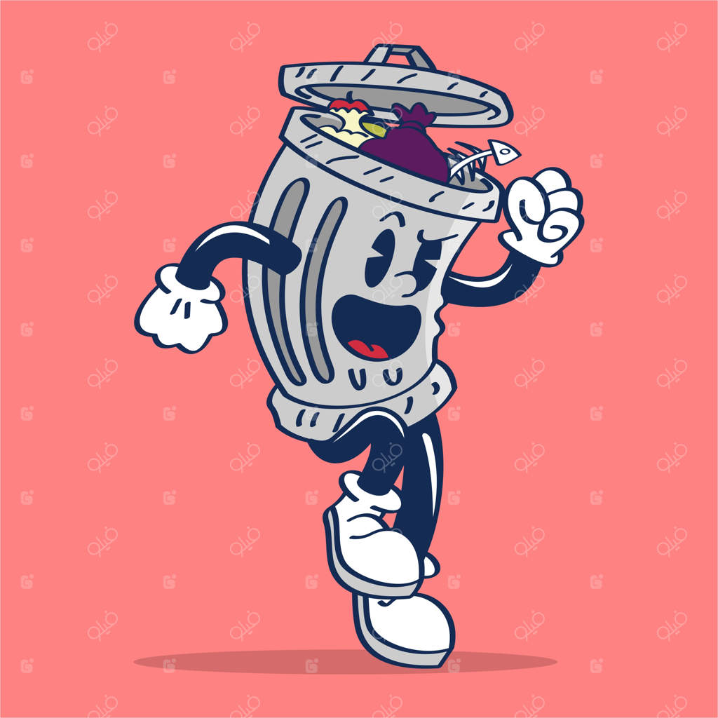 تصویر کارتونی یک سطل زباله آماده دویدن روی زمینه صورتی دستی绘制 شده