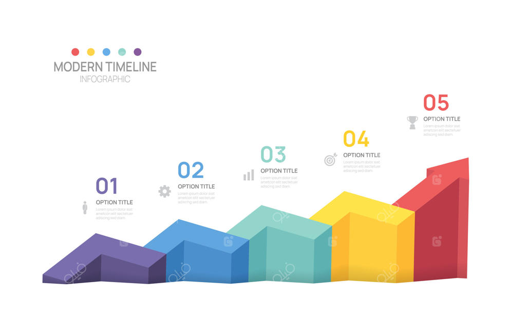 اینفوگرافیک با نماد فلش، جدول زمانی ایزومتریک با ۵ مرحله برای موفقیت در تجارت. تصویر.