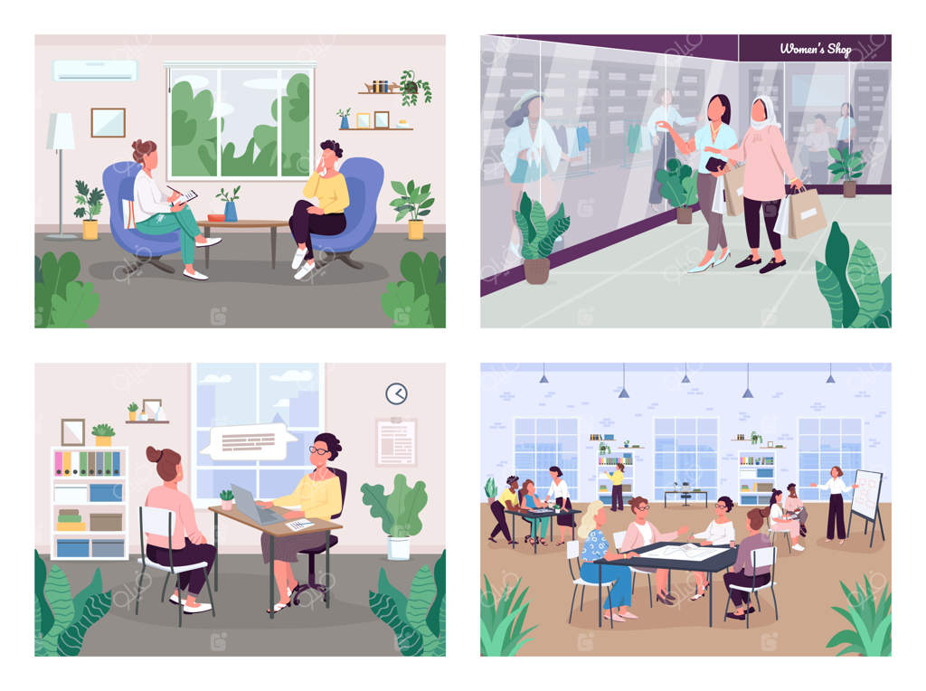 مجموعه‌ای از تصاویر فعالیت‌های زنان به سبک رنگ‌های تخت