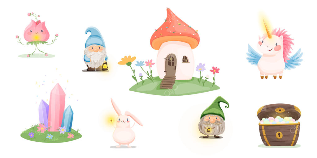 وکتور حرفه‌ای تصویرسازی فانتزی کوتوله‌ها و موجودات جادویی