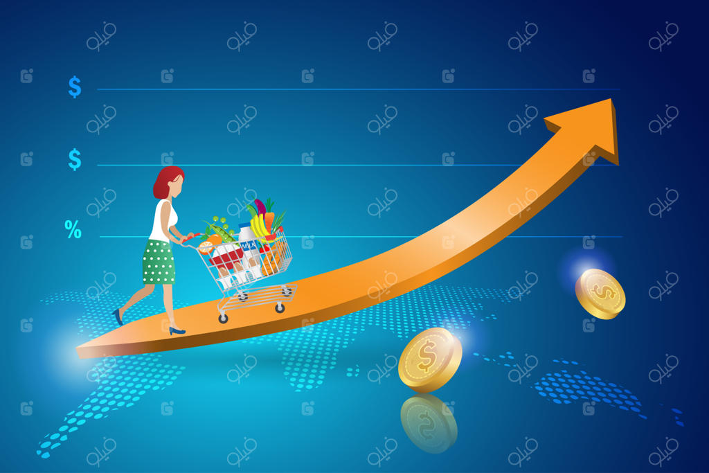 تورم مواد غذایی: زنی با سبد خرید در نمودار افزایش هزینه‌های زندگی و قیمت‌های بالای خوراکی‌ها