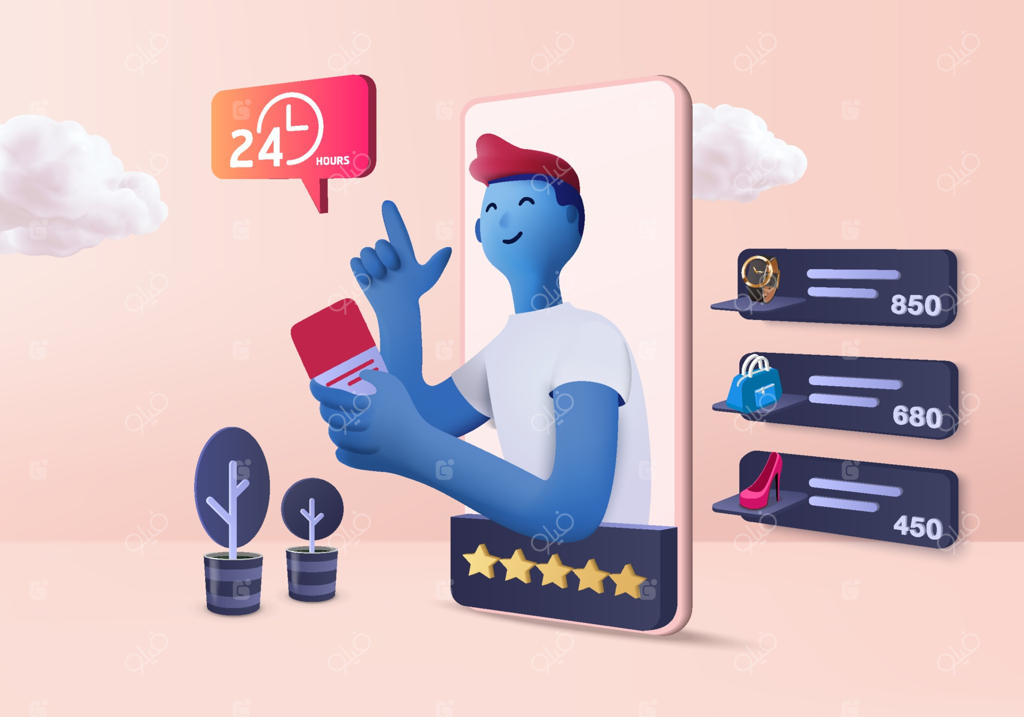 فروشگاه آنلاین سه‌بعدی و تجارت الکترونیک موبایلی با پس‌زمینه صورتی پاستلی، خرید ۲۴ ساعته با اپلیکیشن، سبد خرید و کارت اعتباری، رندر وکتور مینیمال