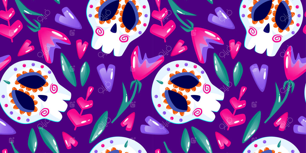 پترن مردگان با جمجمه مکزیکی؛ روز مرگ، تعطیلات با طرح گل و جمجمه، پس‌زمینه بنفش و پترن بی‌پایان هالووین