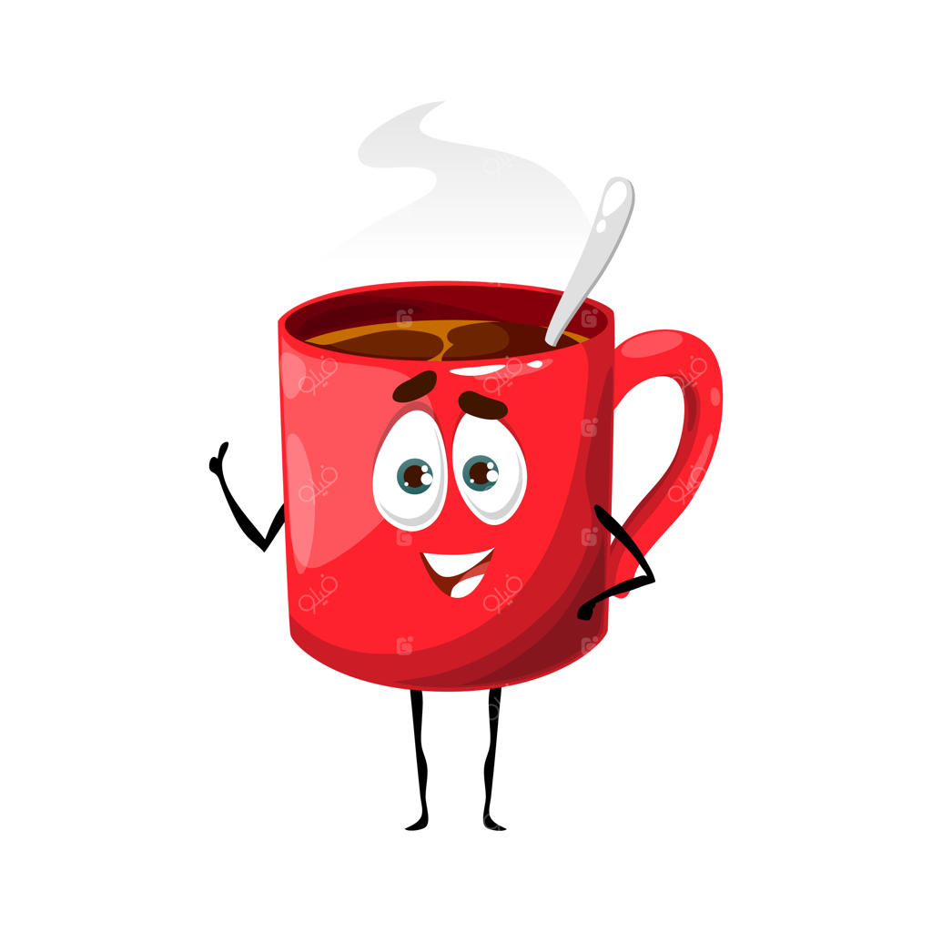 فنجان کاریکاتوری قهوه با بخار داغ اسپرسو یا شکلات، آیکون وکتور: فنجان قرمز قهوه با قاشق و علامت تایید، مناسب برای صبحانه کافه یا منوی قهوه‌فروشی و کاپوچینو بیرون‌بر