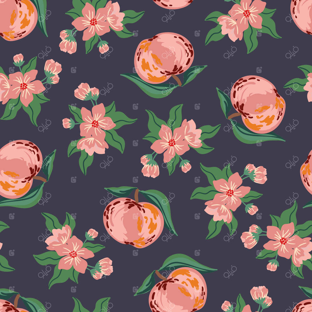 پترن یکپارچه سیب‌های قرمز و شاخه‌های گلدار. باغ شکوفه، بافت پارچه و کاغذ کادو