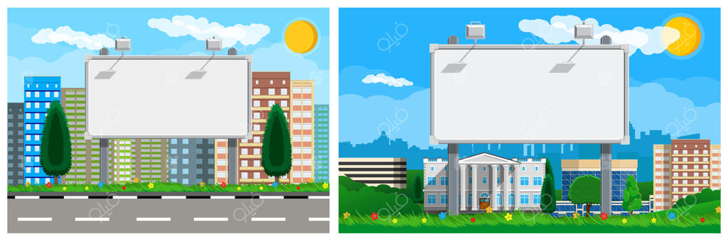 تصویر شهری با بیلبوردها زیر آسمان آبی و آفتاب در سبک وکتور حرفه‌ای