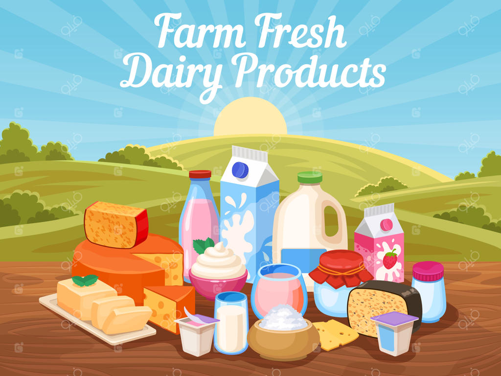 محصولات لبنی تازه از مزرعه: شیر گاو طبیعی، پنیر و ماست در چشم‌انداز روستا. پوستر وکتور غذای ارگانیک روستایی. مواد تشکیل‌دهنده رژیم غذایی، تغذیه شیرین صبحانه.