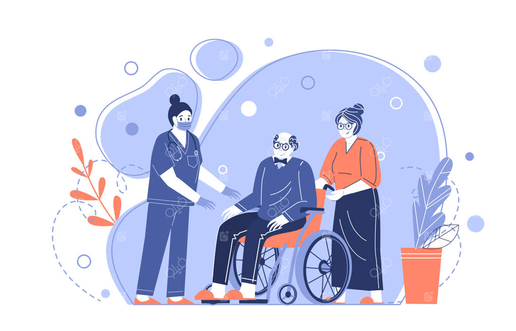 مراقبت پزشکی از سالمندان: پرستاری به پدربزرگ روی ویلچر کمک می‌کند. نگهداری از بازنشستگان. تصویرسازی وکتور به سبک تخت.