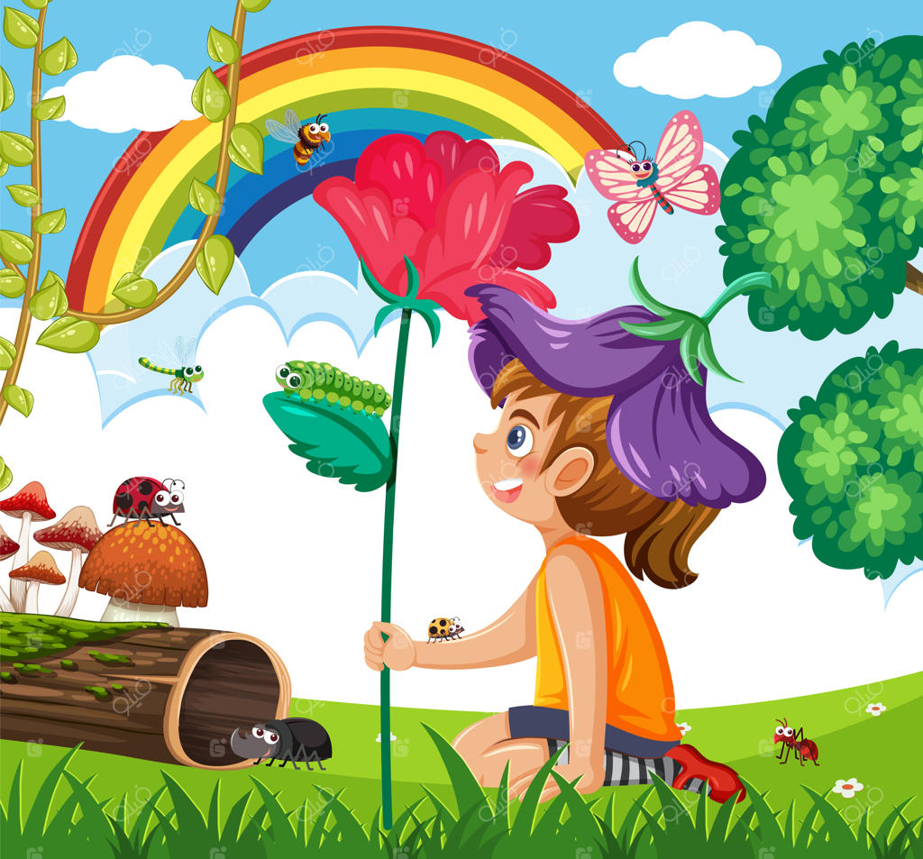 دختری خیالی در جنگل با گل در دست