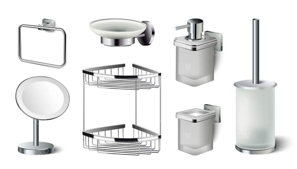 مجموعه آیکون لوازم حمام: آینه، صابون مایع، قفسه، برس توالت.