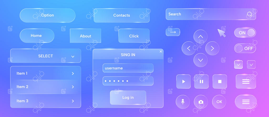 اجزای رابط کاربری شیشه‌ای: دکمه‌های سایت با آیکون و کنترل رابط کاربری دکمه‌های شفاف و عناصر طراحی وب‌سایت مدرن. مجموعه دکمه‌های ناوبری شیشه‌ای مدرن.