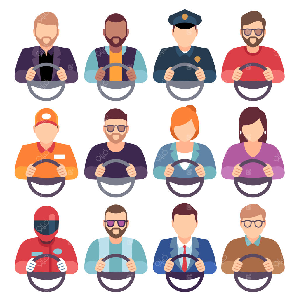 مجموعه آیکون‌های تخت راننده، راننده زن و مرد، دست روی فرمان، پیک و راننده شخصی