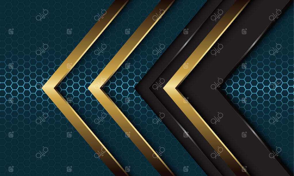پیکان‌های فلزی خاکستری و طلایی بر روی زمینه شبکه‌ای شش‌ضلعی آبی تیره مدرن