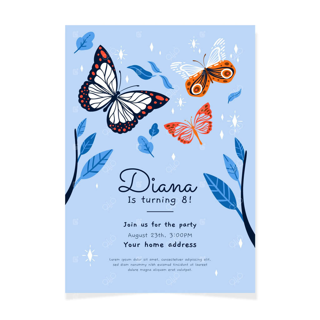 پترن دعوت‌نامه تولد با طرح پروانه دست‌کشیده