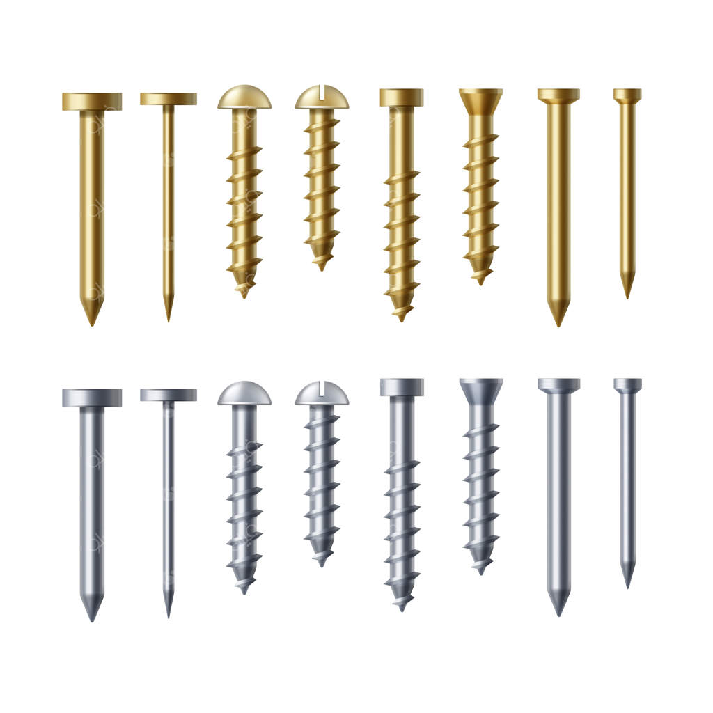 مجموعه‌ای از میخ‌ها و پیچ‌های برنجی و استیل برای چوب
