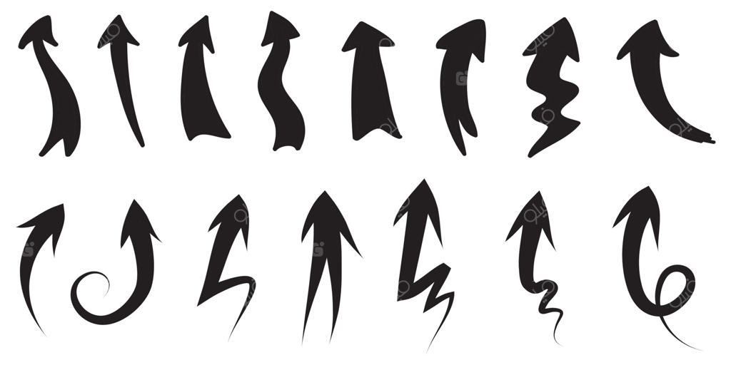 مجموعه‌ای از فلش‌های دست‌کشیده. عناصر طراحی وکتور. تصویرسازی بر روی زمینه سفید برای اینفوگرافیک تجاری، بنر، وب و طراحی مفهومی.