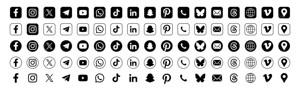 جدیدترین مجموعه آیکون‌های شبکه‌های اجتماعی و تماس ۲۰۲۵ با طرح سیاه و سفید؛ اینستاگرام، فیسبوک، ایکس و لاین