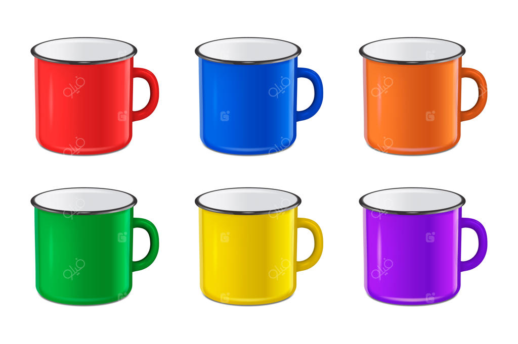 ست لیوان‌های مینایی واقعی در رنگ‌های قرمز، آبی، سبز و زرد مجزا