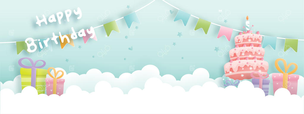بنر کارت تولد با کیک بامزه و جعبه‌های هدیه، کیک تولد.