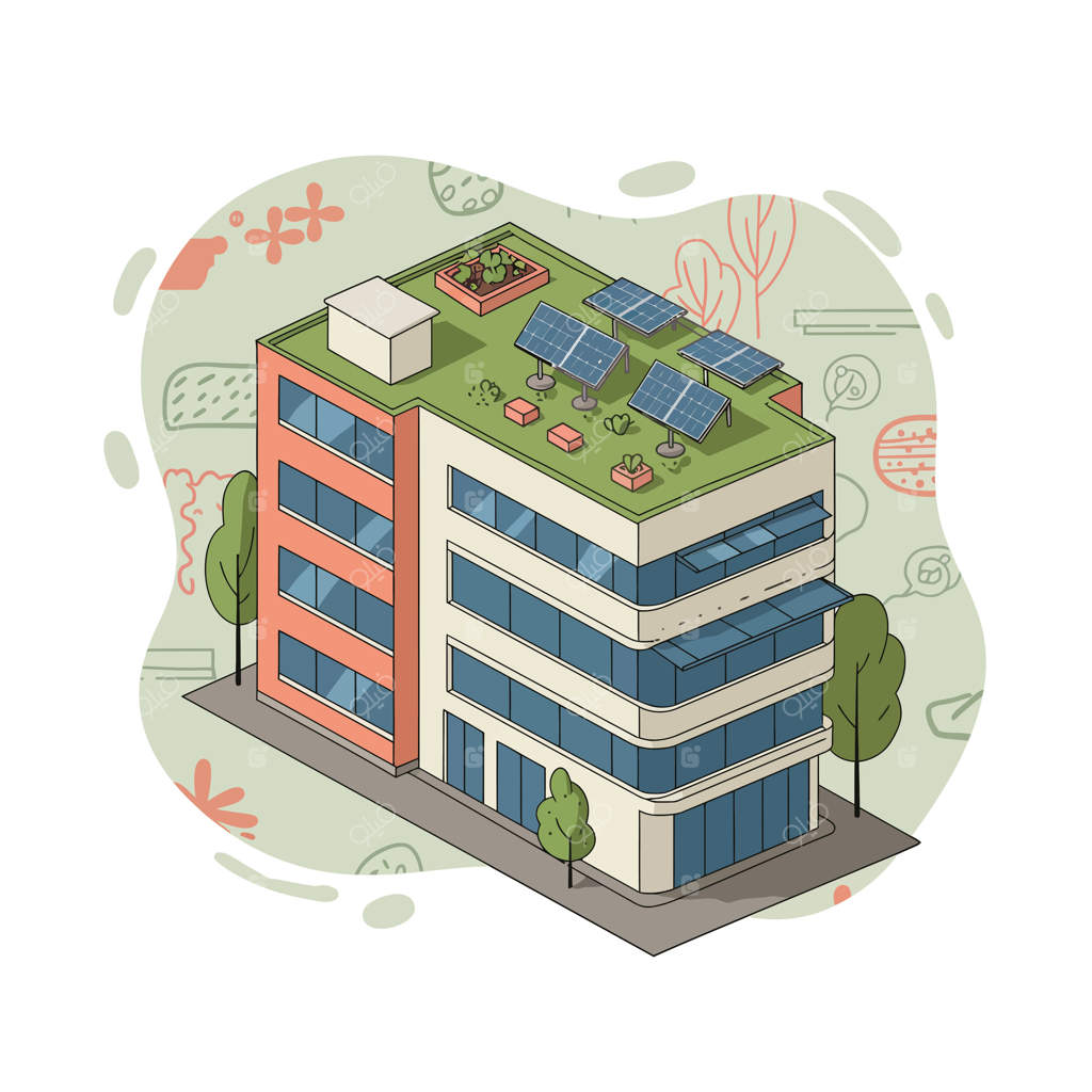 ساختمان مدرن با پنل‌های خورشیدی و بام سبز در محیط شهری - مفهومی از انرژی پایدار