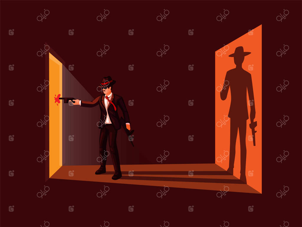 مافیا با تیراندازی و قتل مقابل در، تصویر صحنه جرم با طرح سایه‌ای از مجرم