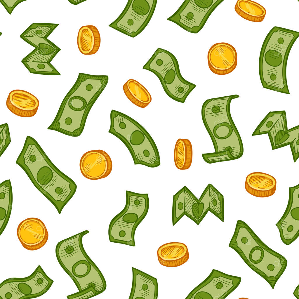 پترن بارش پول: بارش اسکناس‌های سبز و سکه‌های طلایی. بحران مالی و رکود اقتصادی، پترن بدون توقف سرمایه و پول، تصویرسازی دلار و سکه‌ها.