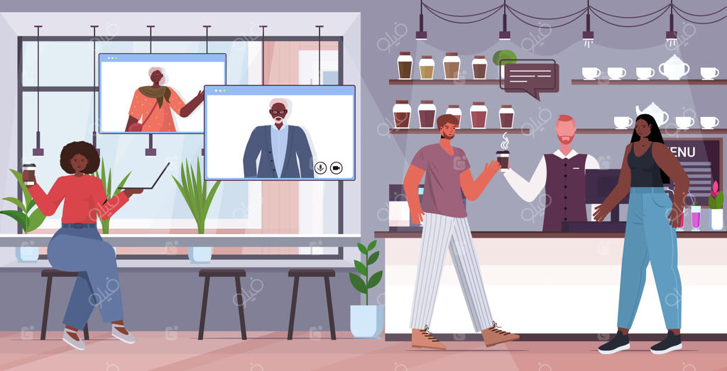 جلسه مجازی زن آمریکایی آفریقایی‌تبار با والدین سالمند - گفتگوی آنلاین از طریق مرورگر وب در محیط کافی‌شاپ