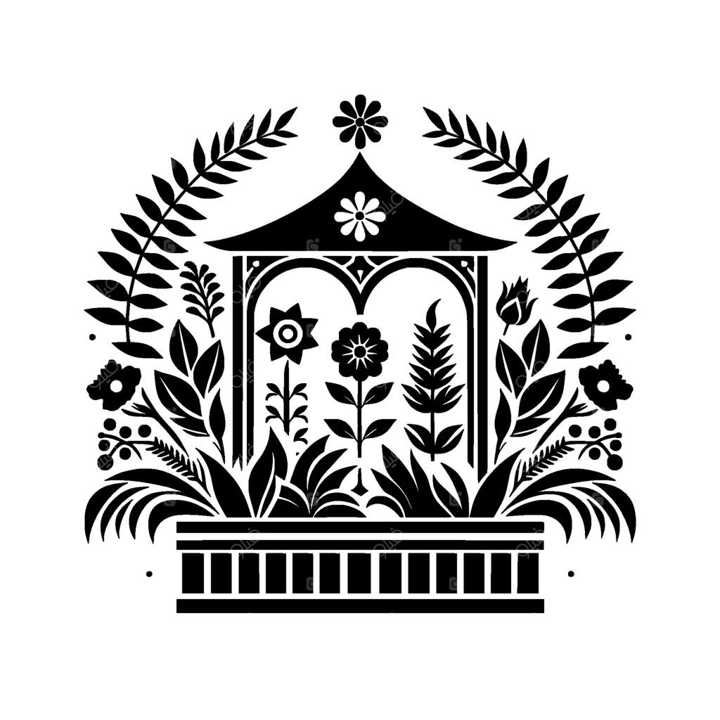 تصویر سیاه و سفید باغ با طرحی زیبا: آلاچیق، گل‌ها و گیاهان سرسبز در یک ترکیب متقارن، ایجادکننده حس آرامش و زیبایی.