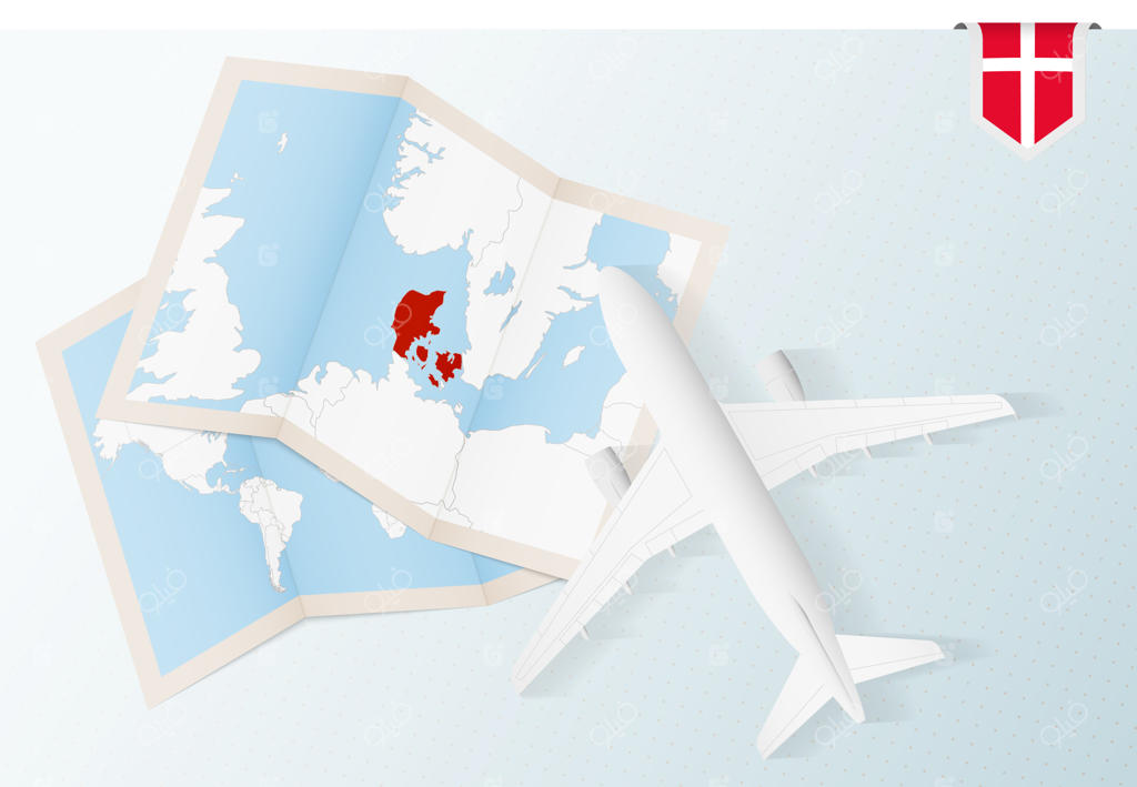سفر به دانمارک، نمای بالا از هواپیما، نقشه و پرچم دنمارک