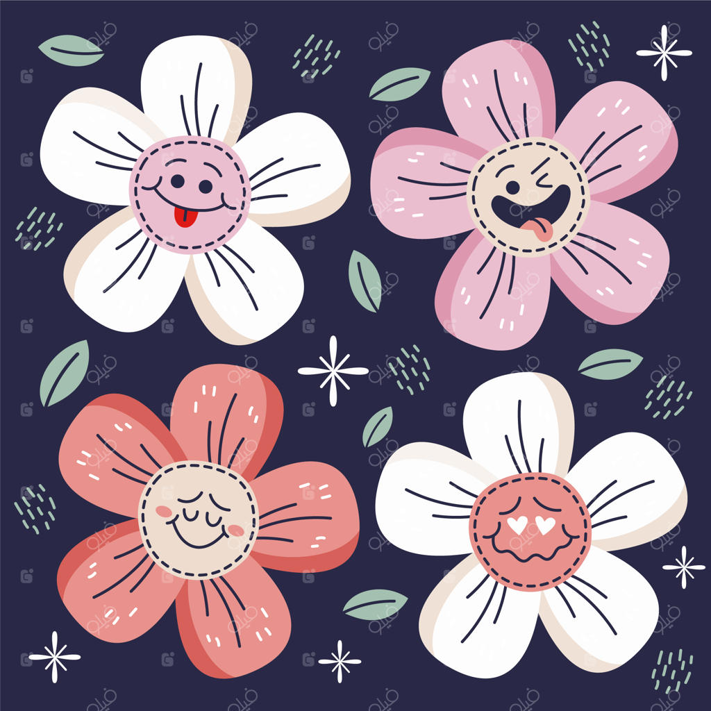 گل با طراحی تخت و صورت خندان دستی کشیده شده