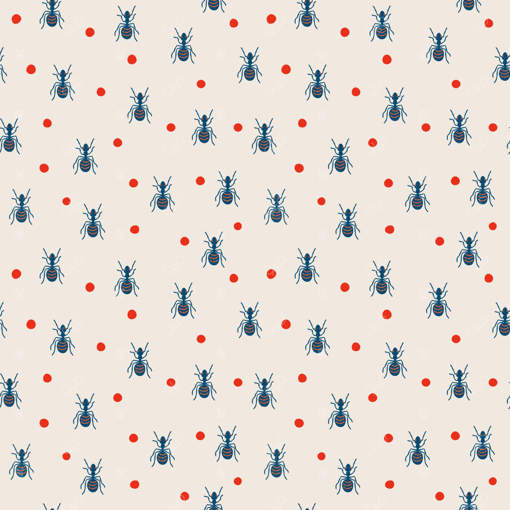 پترن طبیعی یکپارچه: جنگل، مورچه‌های کوچک، حشرات، پس‌زمینه سفید. وکتور، طراحی دستی.