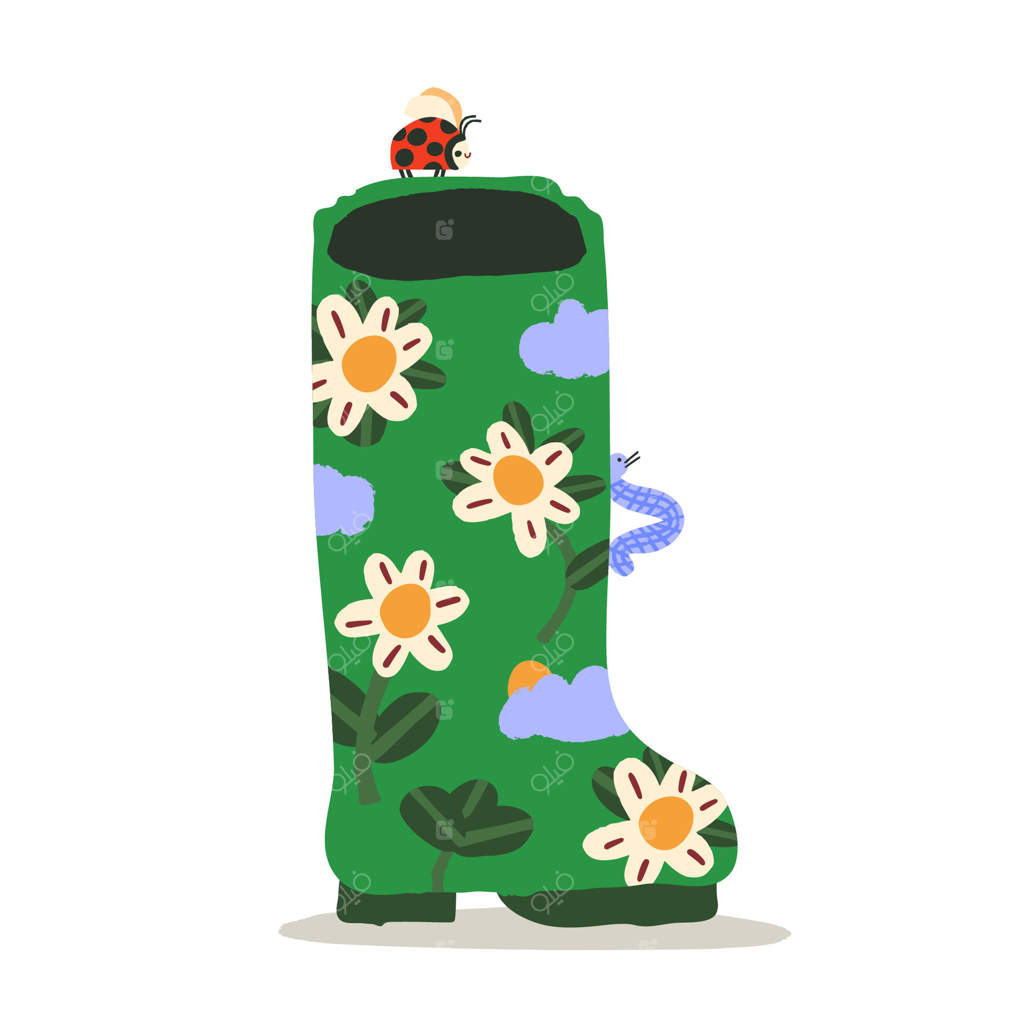 تصویری از یک چکمه باغبانی با گل‌ها، کفشدوزک و کرم ابریشم روی زمینه سفید.