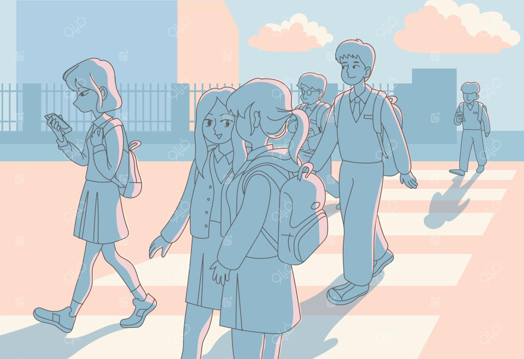 هنگام غروب، دانش‌آموزان مدرسه را ترک کرده و به خانه می‌روند. طراحی وکتور به سبک دست‌ساز.