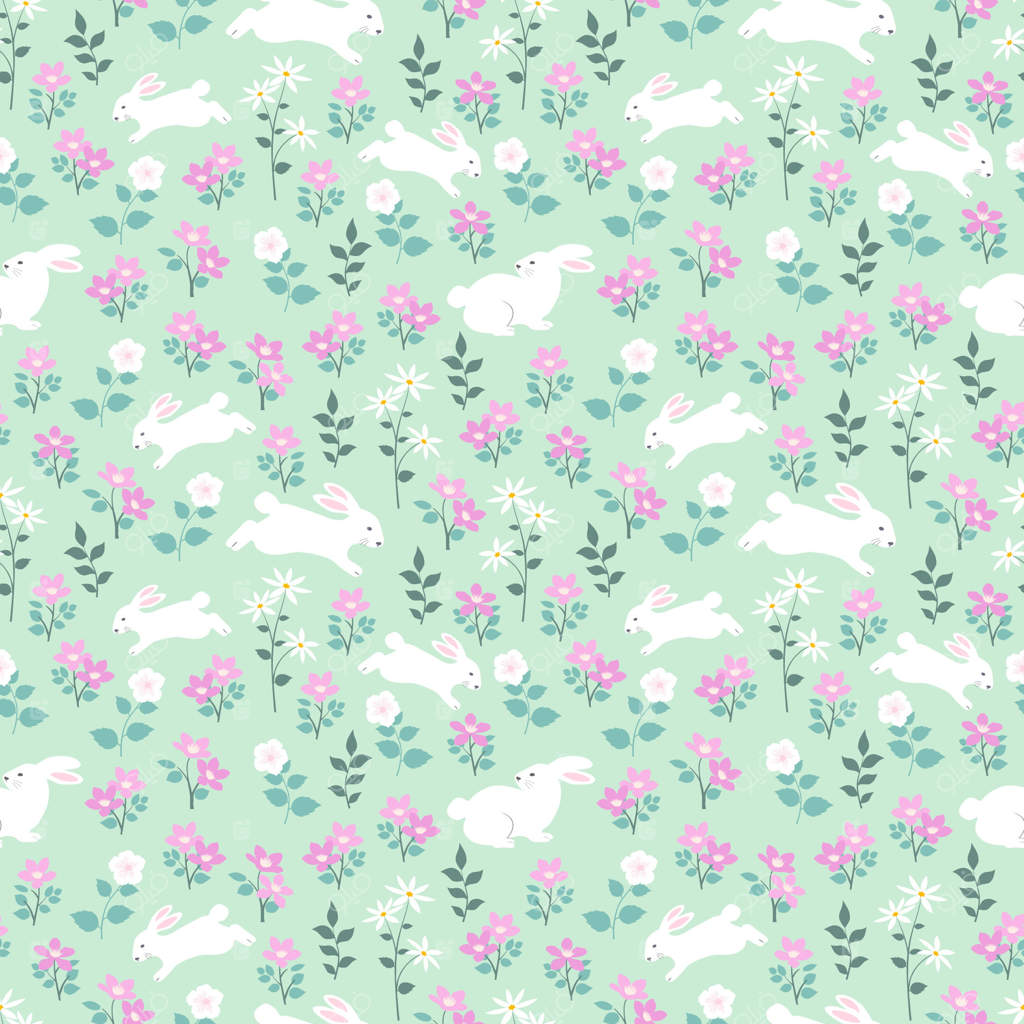 پترن یکپارچه با خرگوش‌های بامزه در طراحی باغ بهاری برای کاغذ کادو، پارچه، پوشاک یا کاغذ دیواری عید پاک