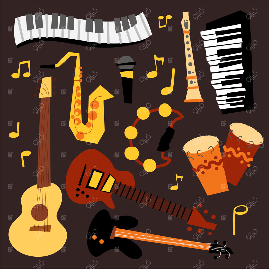 تصاویر نقاشی سازهای جاز: پیانو، گیتار، ساکسوفون، گیتار باس، میکروفون، فلوت و موسیقی آکوستیک