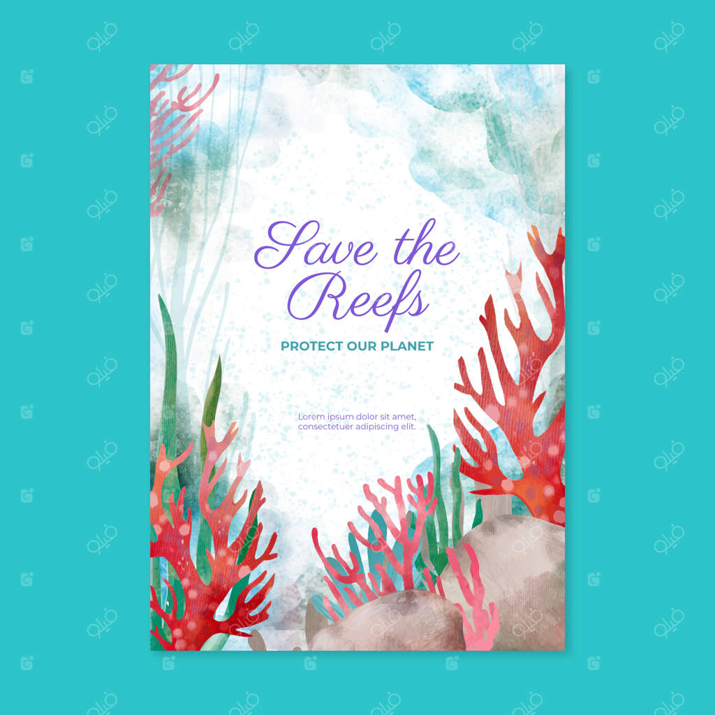 پوستر قالب روز جهانی صخره‌های مرجانی با آبرنگ