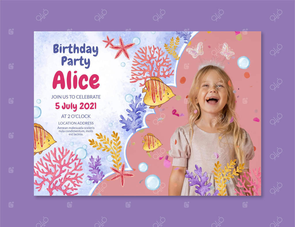 پترن دعوت‌نامه تولد پری دریایی نقاشی آبرنگ همراه با عکس