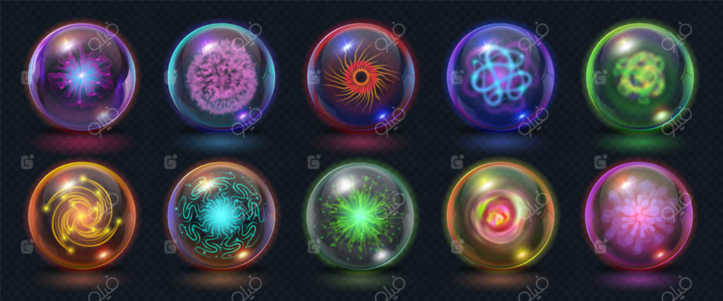 گوی‌های انرژی جادویی واقعی با افکت‌های آتش، نور و رعد و برق. گوی قدرت درخشان با انفجار پلاسما. مجموعه‌ای از گوی‌های کریستالی فانتزی. عنصر معنوی اسرارآمیز برای پیشگویی