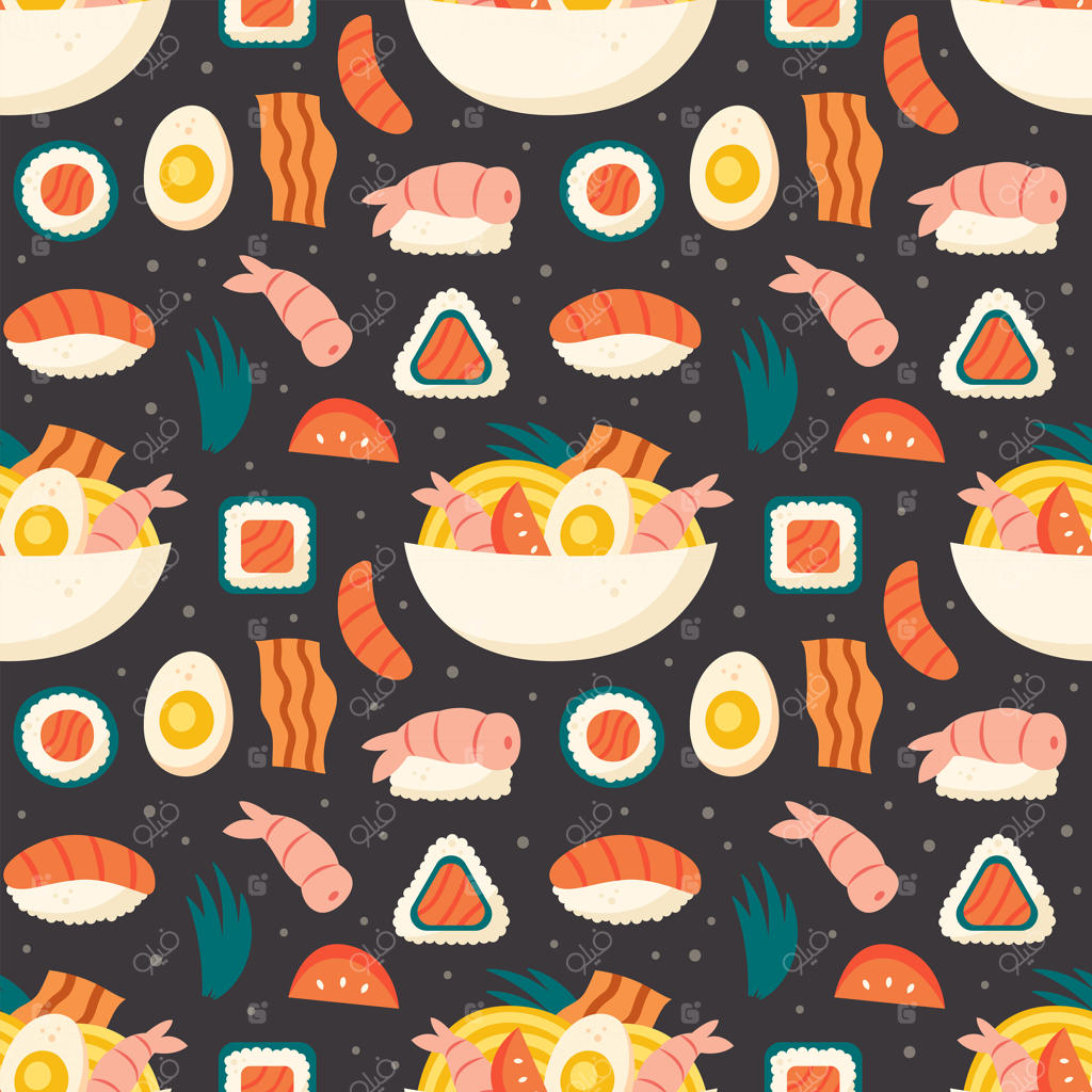 سفارش آنلاین غذای آسیایی: سوشی، سالمون، برنج، میگو، نوری، رامن، رول تخم‌مرغ، بیکن، تخم‌مرغ، و لمون‌گراس