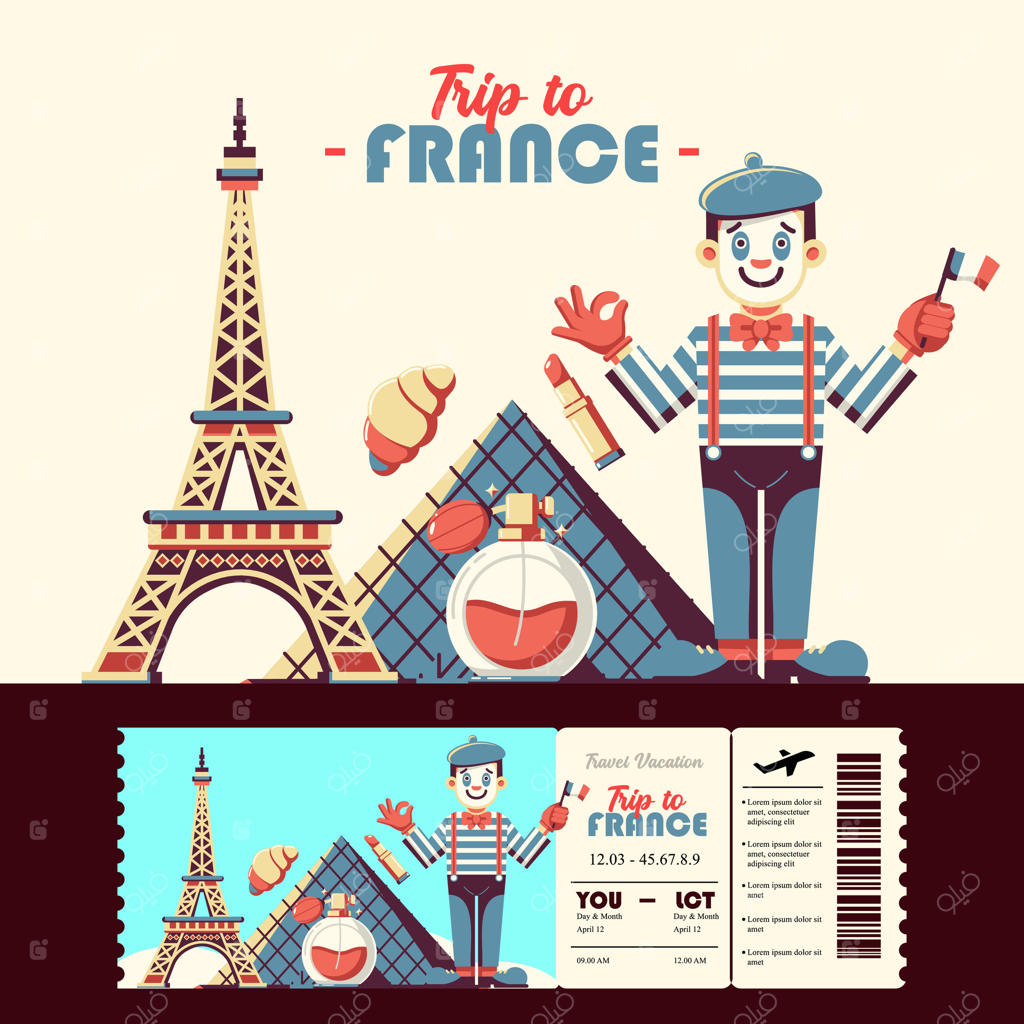 سفر به فرانسه: عناصر کارتونی، پانتومیم، برج ایفل و لوازم آرایشی - مناسب برای رویدادها و تعطیلات