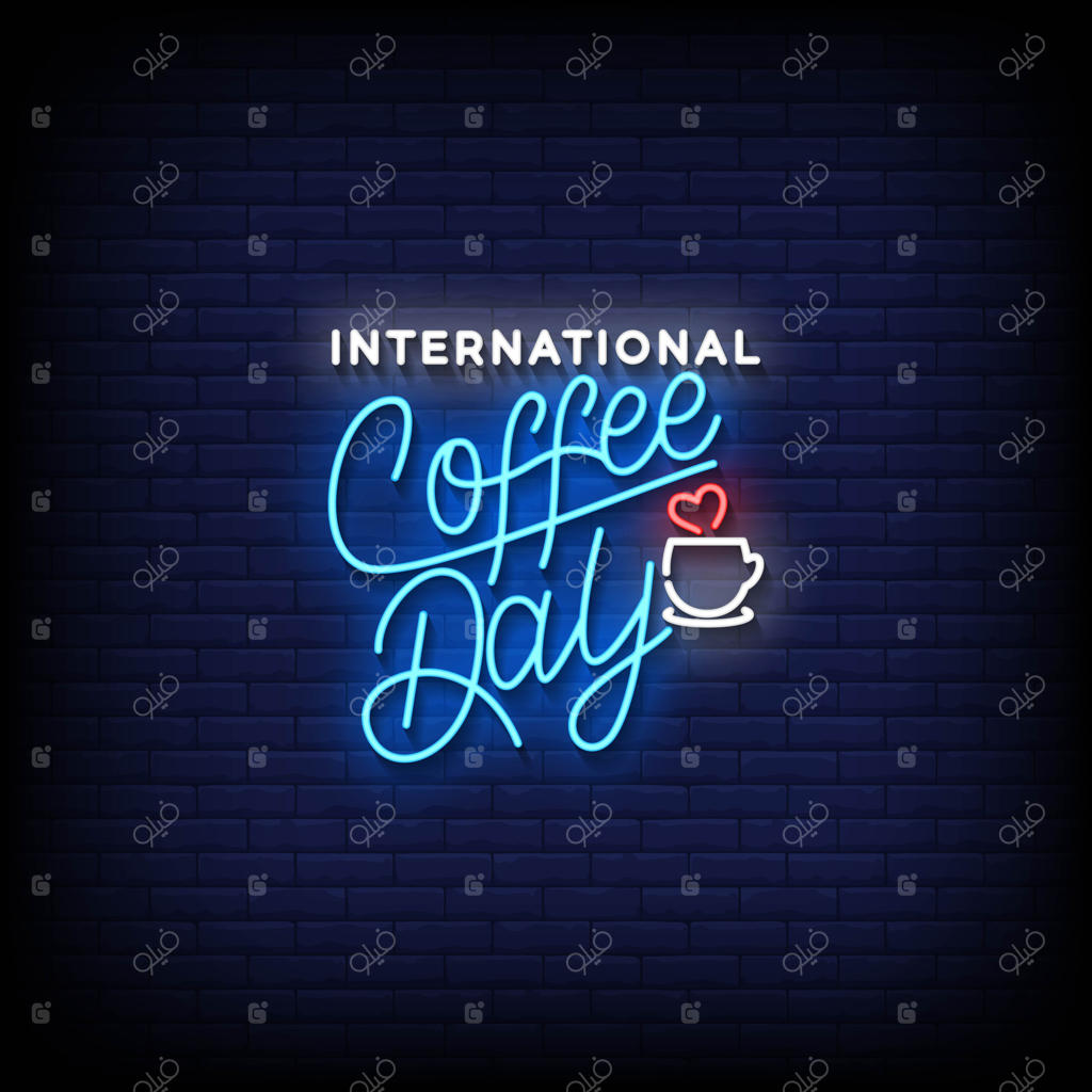 تابلوی نئونی روز قهوه با پس‌زمینه دیوار آجری وکتور