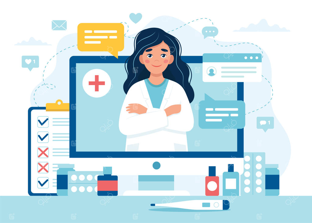 وقت دکتر آنلاین: پزشک زن بر روی صفحه کامپیوتر.