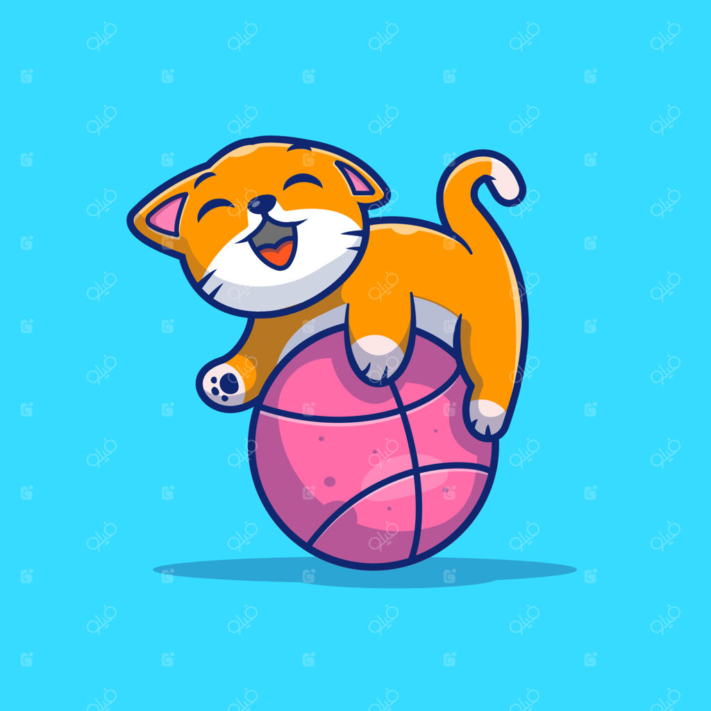 وکتور کارتونی گربه بامزه در حال بازی با توپ؛ آیکون مفهومی ورزش حیوانات با طراحی تخت (Flat)