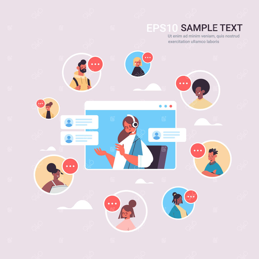 اپراتور زن با هدست در حال گفتگو با مشتریان چند نژادی در مرکز تماس - خدمات پشتیبانی مشتری آنلاین